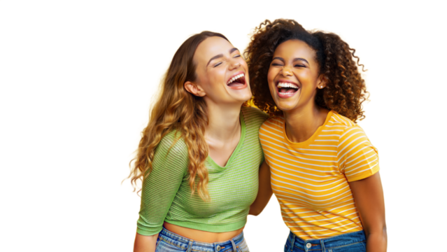 Two young women laughing and enjoying a sunny day in a park, capturing the joy and spontaneity of friendship.