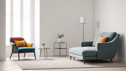 A serene living room setup with a minimalist armchair against a white wall background, accentuating clean lines and understated elegance, Generative AI