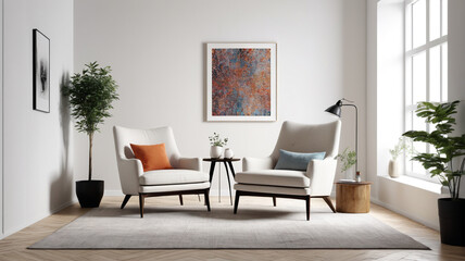 Fototapeta premium A chic minimalistic living room arrangement featuring an armchair against a pristine white wall, offering a calming and inviting space for relaxation, Generative AI
