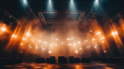 Empty music concert stage illuminated by bright spotlights, with smoke and flares, surrounded by a large and loud sound system with plenty of loudspeakers.