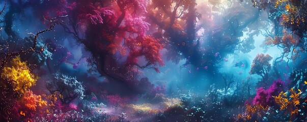 Surreal forest with fantastical elements, vibrant colors, dreamlike, fantasy art