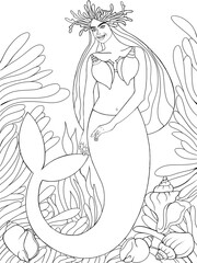 Outline of a mermaid under water, coloring page with a picture of a mermaid under water, sketch of a mermaid and the underwater world