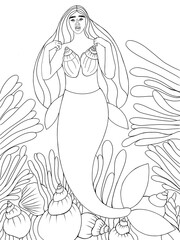 Outline of a mermaid under water, coloring page with a picture of a mermaid under water, sketch of a mermaid and the underwater world