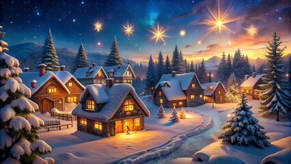 A Beautiful Snowy Village Scene With A Warm Glow From The Houses And A Starry Night Sky.