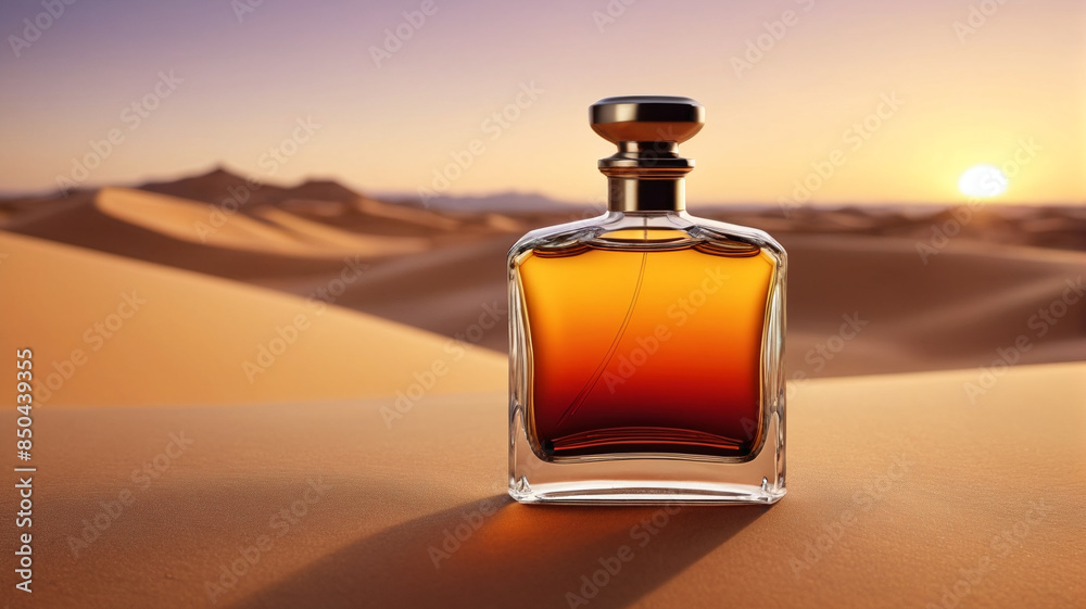 Poster A captivating perfume bottle against the backdrop of a golden desert sunset, symbolizing the timeless elegance and sophistication of the fragrance, Generative AI