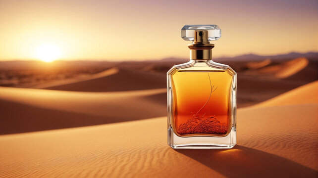 A captivating perfume bottle against the backdrop of a golden desert sunset, symbolizing the timeless elegance and sophistication of the fragrance, Generative AI
