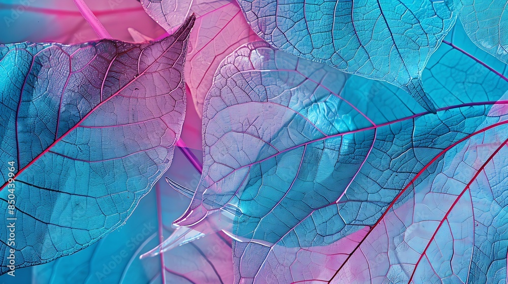 Poster Macro leaves background texture blue turquoise pink color Transparent skeleton leaves Bright expressive colorful beautiful artistic image of nature : Generative AI