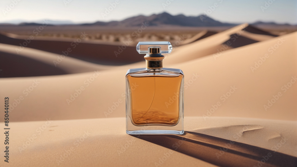 Canvas Prints A chic perfume bottle positioned against the vast expanse of a desert landscape, symbolizing the timeless allure and elegance of the scent, Generative AI