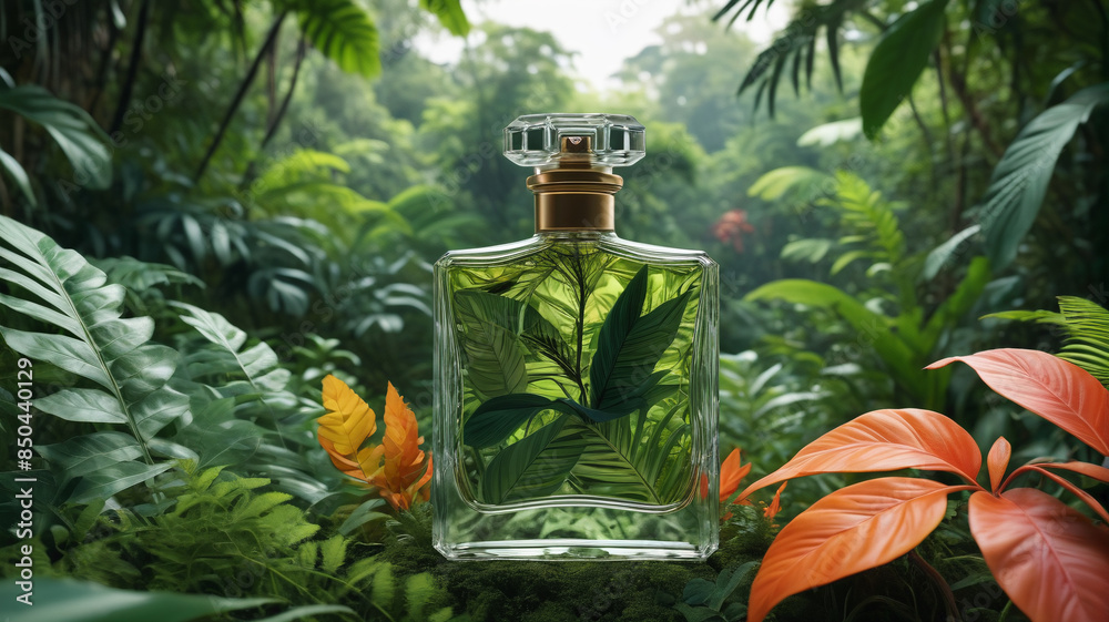 Sticker An exquisite perfume bottle nestled amidst the vibrant foliage of a jungle, blending seamlessly with the natural surroundings, Generative AI