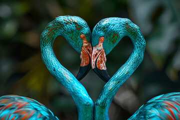 Love Сouple of blue flamingo on dark background. Advertisement, cover or wallpaper, screensaver, designer poster. Valentine's card. art sculpture.