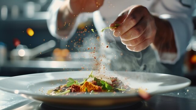 Chef sprinkling spices on dish in commercial kitchen : Generative AI