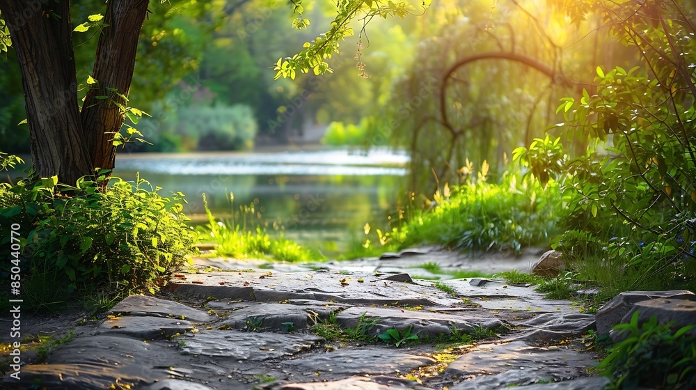 Poster beautiful colorful summer spring natural landscape with a lake in park surrounded by green foliage o