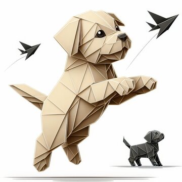 Playful Art: A Puppy&rsquo;s Jump in Dark Origami Lines, Set Against a White Background