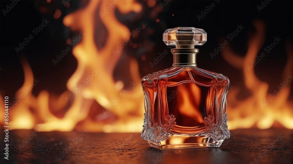 Wall mural A striking perfume bottle against a backdrop of flickering flames, symbolizing the passion and intensity of its fiery-inspired fragrance, Generative AI