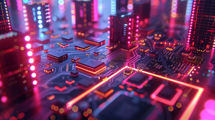 Obraz premium Moderne Stadtlandschaft mit Hochhäusern und Straßenzügen auf einer Leiterplatte, Neon-Pinke und Orangefarbene Akzepte, Querformat