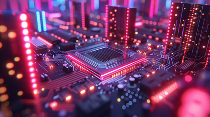 Obraz premium Nahaufnahme einer abstrakten Stadt, die auf einer Platine wächst, Beleuchtung in Neon-Pink und Blau, Querformat