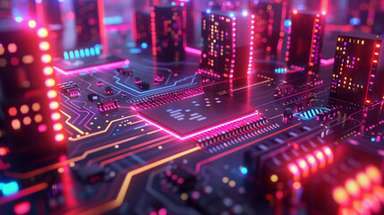 Eine abstrakte Stadtansicht in Neon-Farben auf einer Leiterplatte mit angedeuteten Hochhäusern und Straßenzügen, Querformat