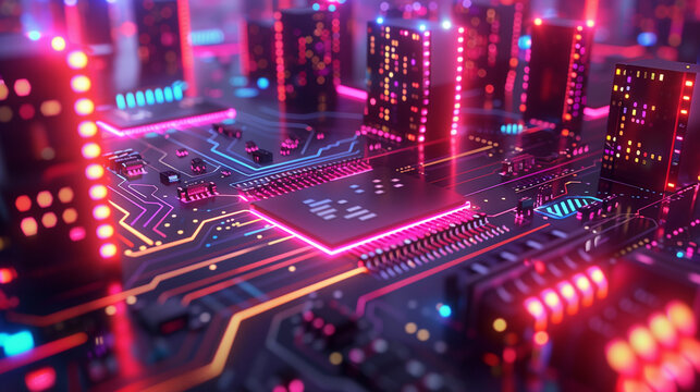 Eine abstrakte Stadtansicht in Neon-Farben auf einer Leiterplatte mit angedeuteten Hochh&auml;usern und Stra&szlig;enz&uuml;gen, Querformat