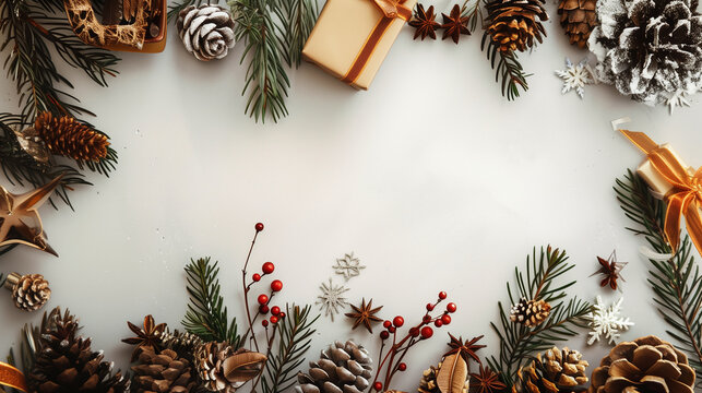 Winterliches Banner mit Tannenzweigen, Tannenzapfen und Gestecken vor hellem Hintergrund, Banner-Format