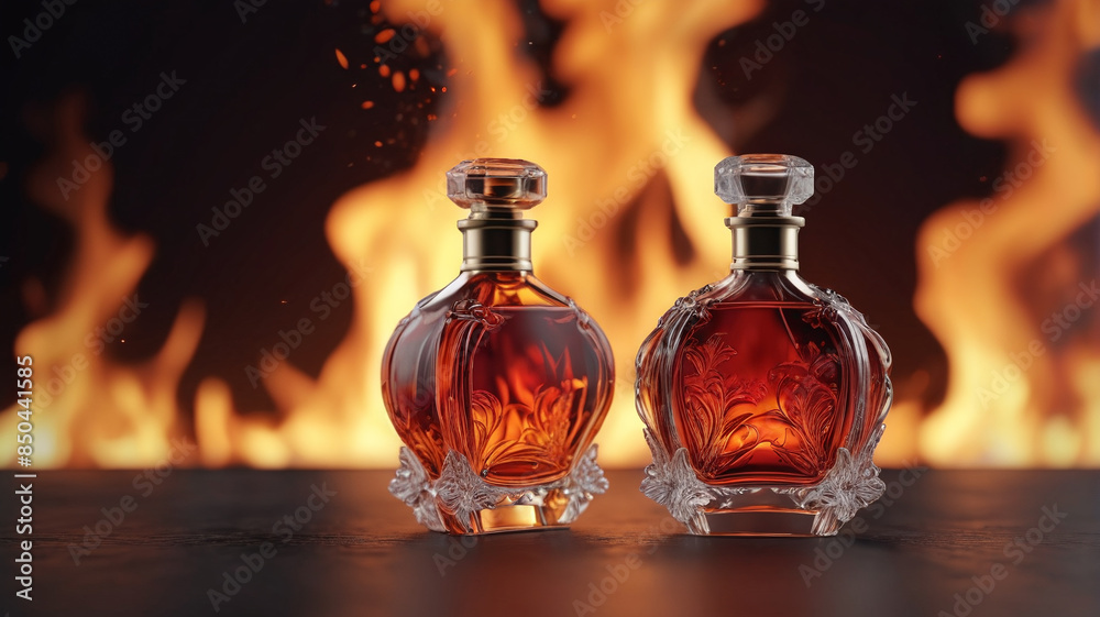 Sticker A luxurious perfume bottle standing tall against the backdrop of roaring flames, evoking the bold and intense essence of its fire-inspired fragrance, Generative AI