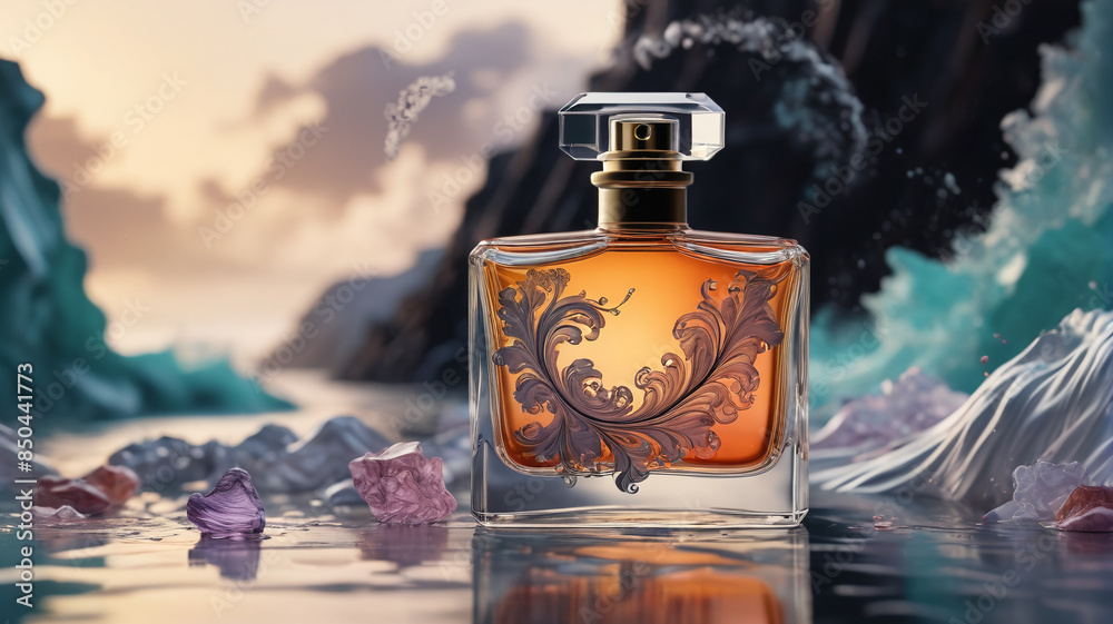 Canvas Prints An elegant perfume bottle set against the backdrop of swirling winds, evoking a sense of adventure and vitality with its breezy and invigorating scent, Generative AI