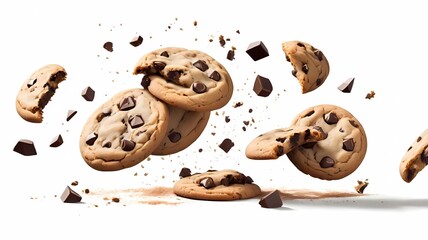 Obraz premium Chocolate chip cookies falling over white background