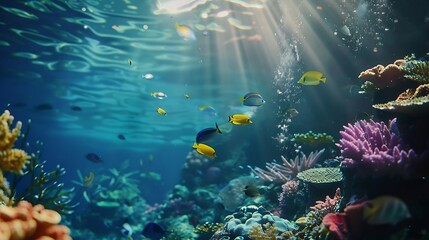 Naklejka premium Underwater Diving Tropical Scene With Sea Life In The Reef : Generative AI