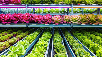 Organic hydroponic vegetable farm with green and red leaf lettuce. Greenhouse freshness, healthy salad. Gardening nutrition, farmer market abundance raw, fresh produce. Growth harvest garden health.