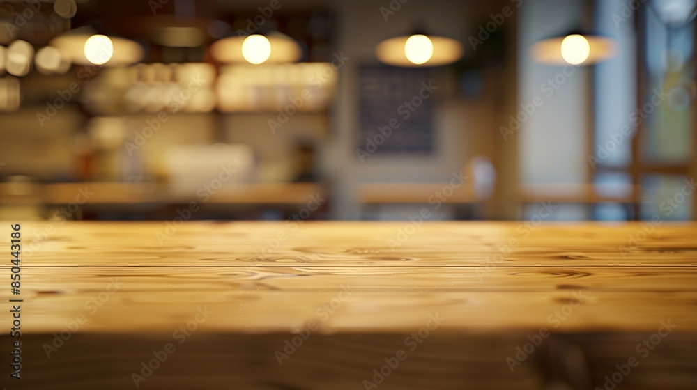 Poster Wooden board empty table background abstract blurred cafe background : Generative AI