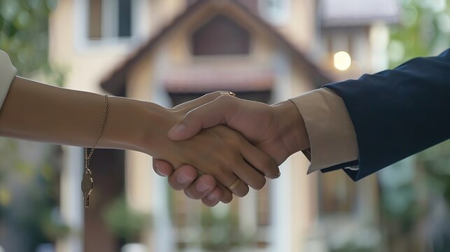 Business success Real estate agents and customers shake hands to congratulate after signing a contract to buy a house with land and insurance handshake and Good response concept : Generative AI