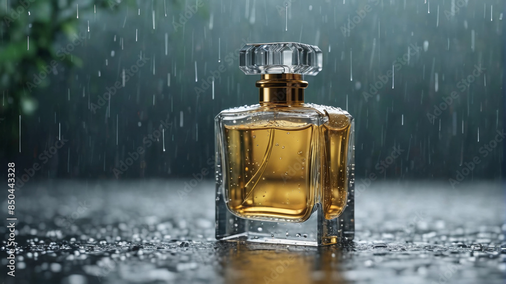 Wall mural A chic perfume bottle in the midst of a gentle rainstorm, symbolizing the elegance and grace of its rain-infused fragrance, Generative AI