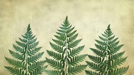 Obraz premium Vintage botanical illustration, fern leaves, muted greens, detailed line art, high definition, aged paper background, classic style, intricate and elegant, antique aesthetic