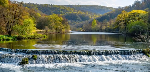 A wide clean river with a backdrop of green mountains