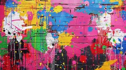 Fototapeta premium Colorful Paint Splatter on Brick Wall