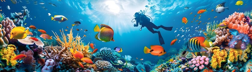 Captivating Underwater Scuba Diving Adventure Amidst Vibrant Coral Reef and Diverse Marine Life