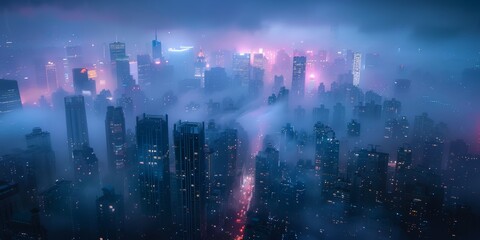 Urban skyline at night, foggy ambiance, high definition, mysterious and serene, glowing lights, towering skyscrapers, atmospheric and dramatic
