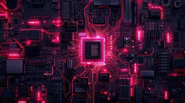 Ein zentraler Chip auf einer Leiterplatte, der Neon-Pink hinterlegt ist, von dem pinke Bahnen abgehen, abstrakte Computertechnik, Querformat