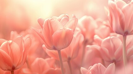 Fototapeta premium Tulip flowers in shades of pink blossom with a pastel coral hue in a blurred background showcasing fresh spring blooms in the garden