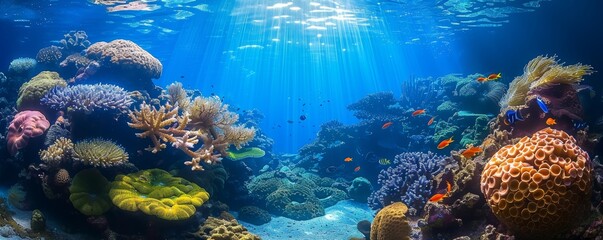 Underwater coral reef, sunlight filtering through water, diverse corals, high resolution, serene and vibrant, tropical fish, detailed and colorful