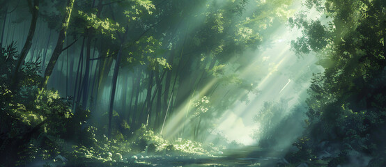 Sun rays through the trees in a misty forest with a road, creating a beautiful natural background.