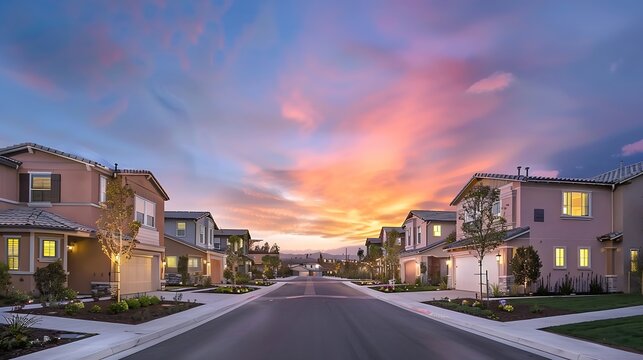 Cul de sac classic dead end street surrounded by luxury two story single family homes in a new residential East Coast USA real estate development neighborhood with dramatic colorful su : Generative AI
