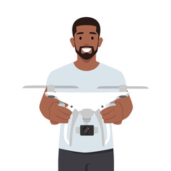 Drone with controller in hands of man. Flat vector illustration isolated on white background