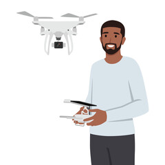 Remote aerial drone with a camera taking photography or video recording game. Flat vector illustration isolated on white background