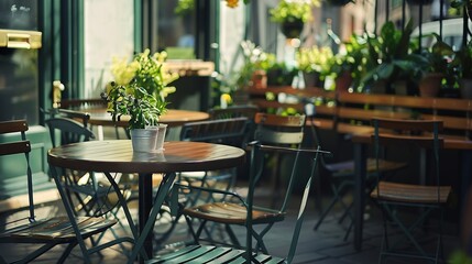 Fototapeta premium Outdoor empty coffee and restaurant terrace with potted plants tables and chairs in london indie and hipster style : Generative AI