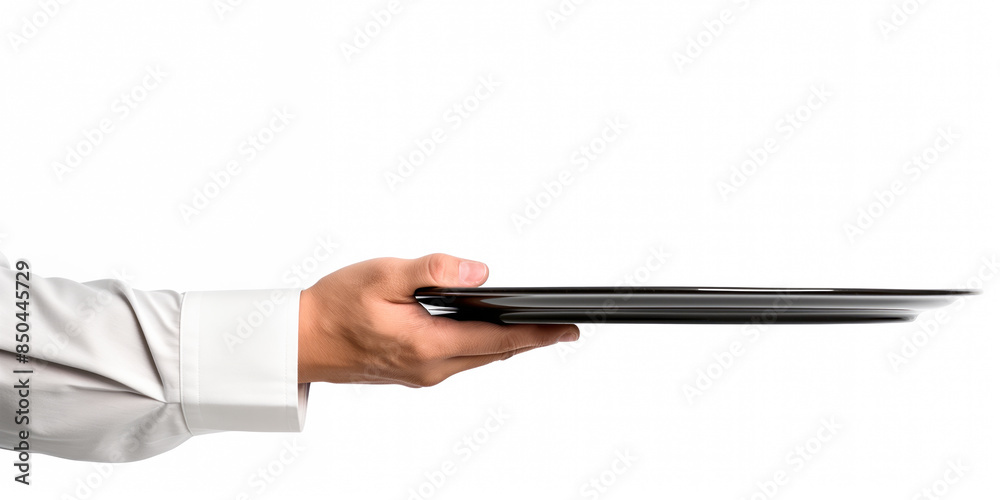 Wall mural Waiter hand in crisp white uniform holding empty metal tray isolated on white background