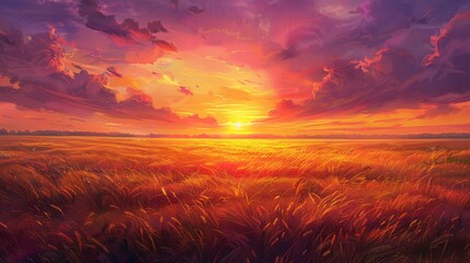 Fototapeta premium Sunset over fields, vibrant orange and pink sky, wheat swaying, high definition, tranquil and beautiful, warm glow, expansive landscape