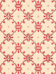 A pattern of stylized red floral elements interconnected by gold lines on a cream background.