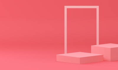 Pink 3d podium with geometric shapes wall background realistic vector illustration