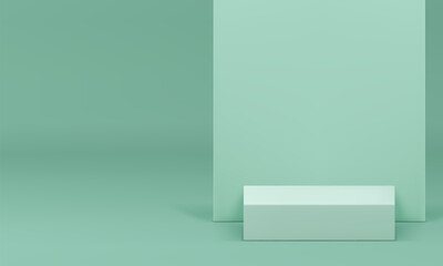Light green 3d podium squared pedestal with wall background realistic vector illustration