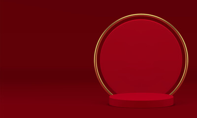 Red luxury 3d podium pedestal for product show realistic vector illustration